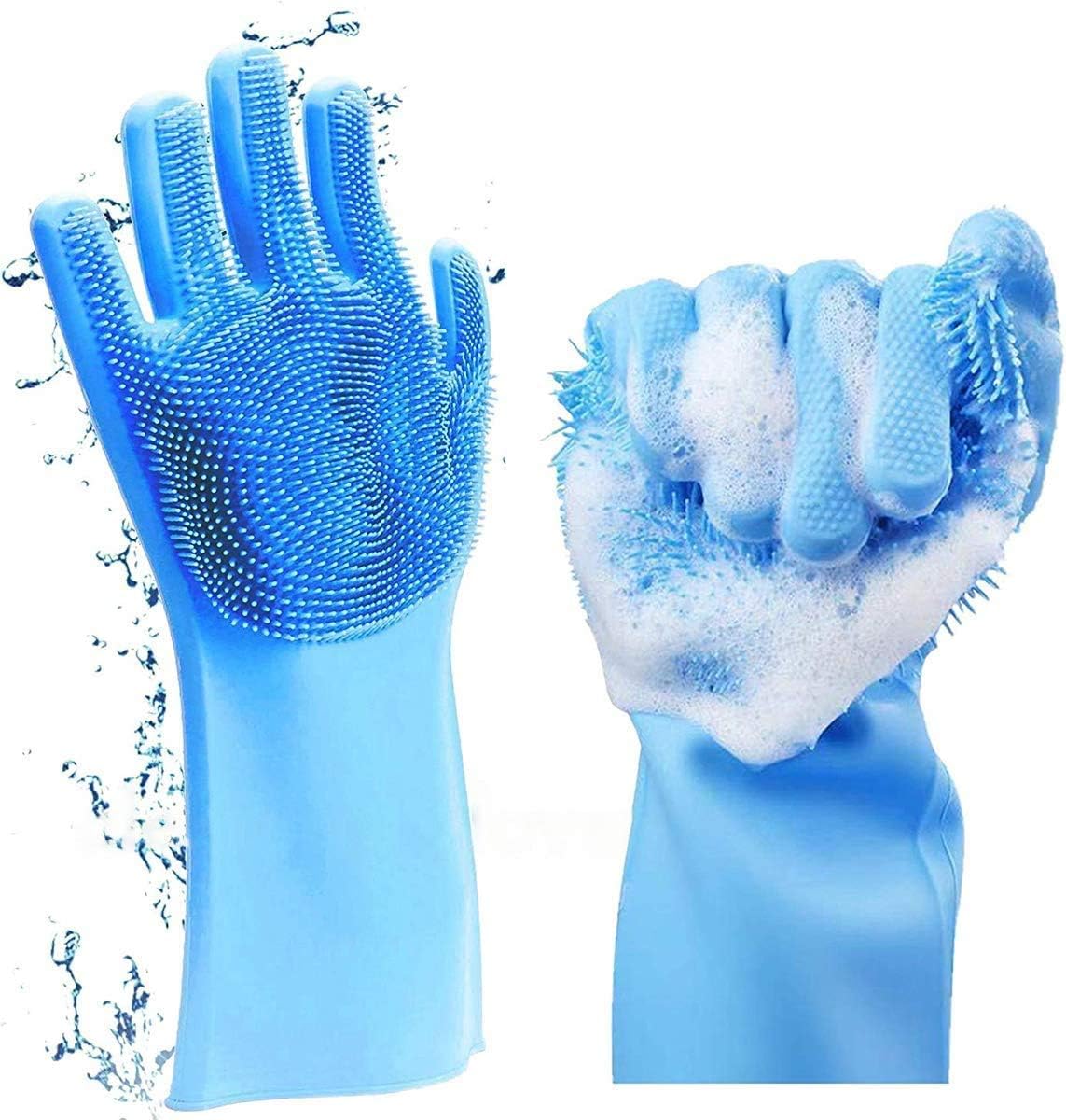 Magic Reusable Dishwashing Cleaning Sponge Gloves Silicone Brush Scrubber Gloves Heat Resistant for Dishwashing Bathroom Kitchen Cleaning Pet Hair Care Car & More Washing(Blue)