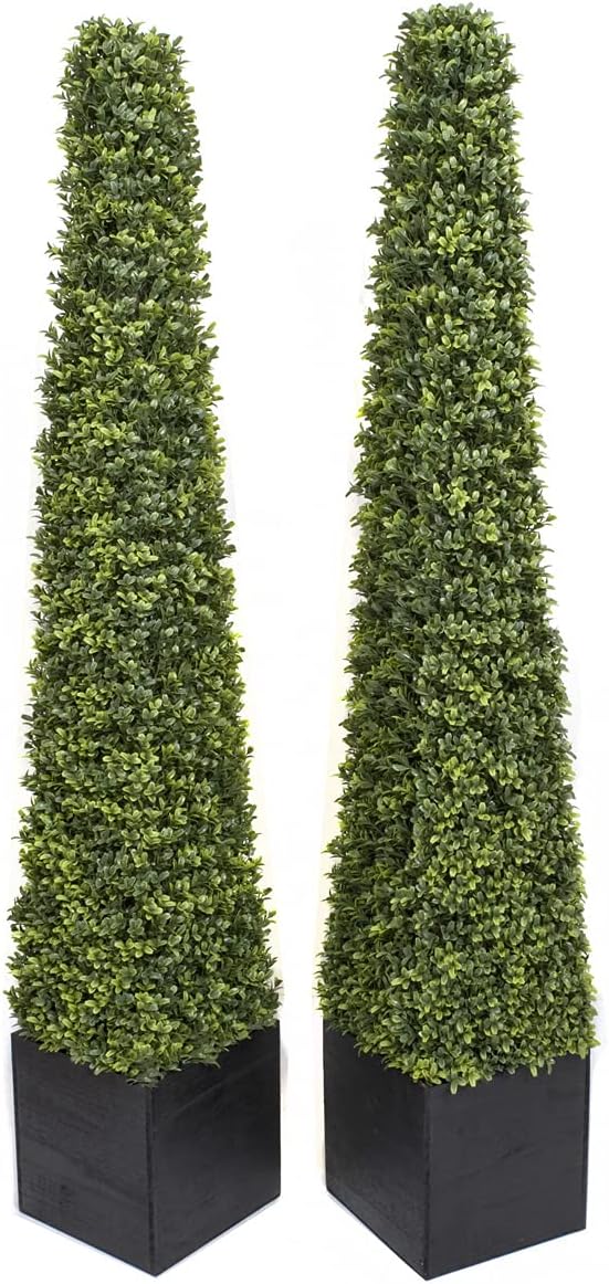 GreenBrokers 2X Artificial Boxwood Topiary Pyramid Trees in Black