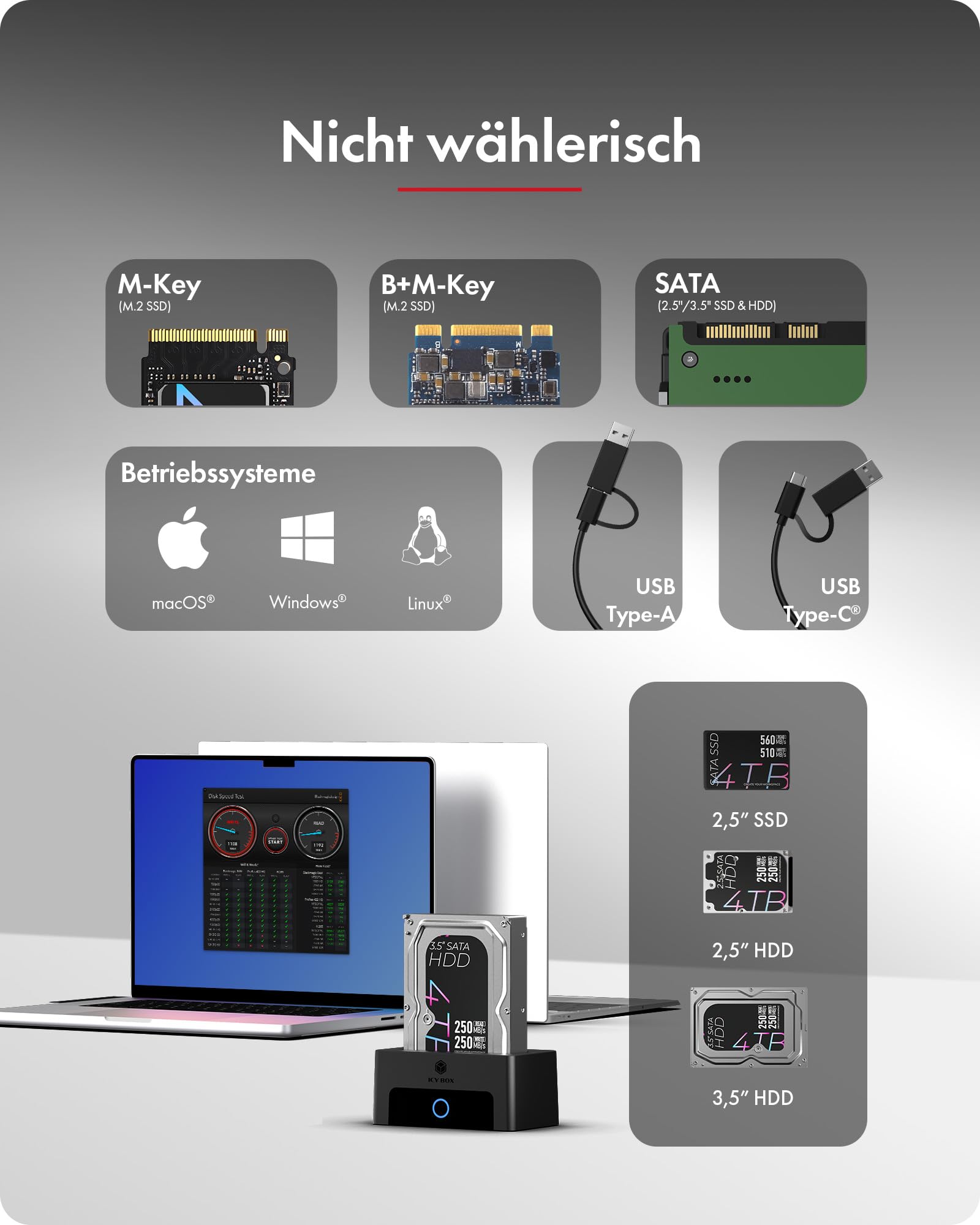 ICY Box Docking Station für M.2 NVMe & 2,5"/3,5" HDD/SSD, USB 3.2 Gen 2 Type-C (10 Gbps), HotSwap, UASP, SATA & NVMe Dock für SSD und Festplatten, IB-1123M-CU31, Spade Dock 1123