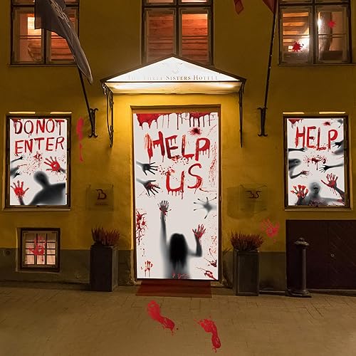 Miniatura 5 de Cubierta de ventana de Halloween sangrienta, decoración de póster de puerta de Halloween, huellas de manos sangrientas, silueta aterradora,