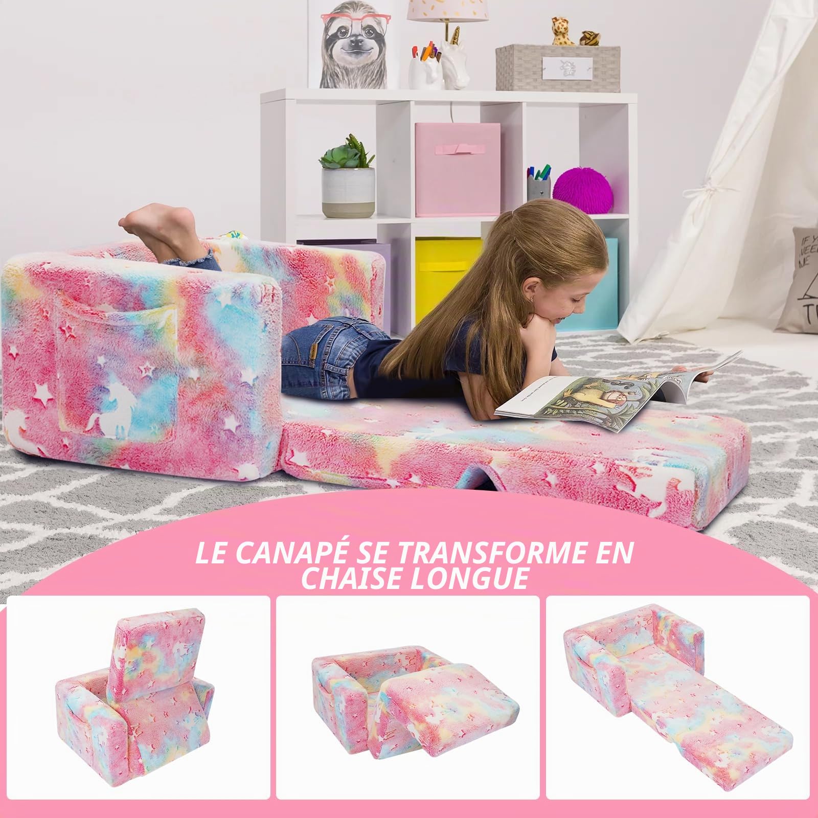 SLIGUY Canapé Convertible pour Tout-Petits, canapé Convertible pour Enfants, canapé extractible, Phosphorescent, Cadeau pour garçons et Filles (Licorne Rose)