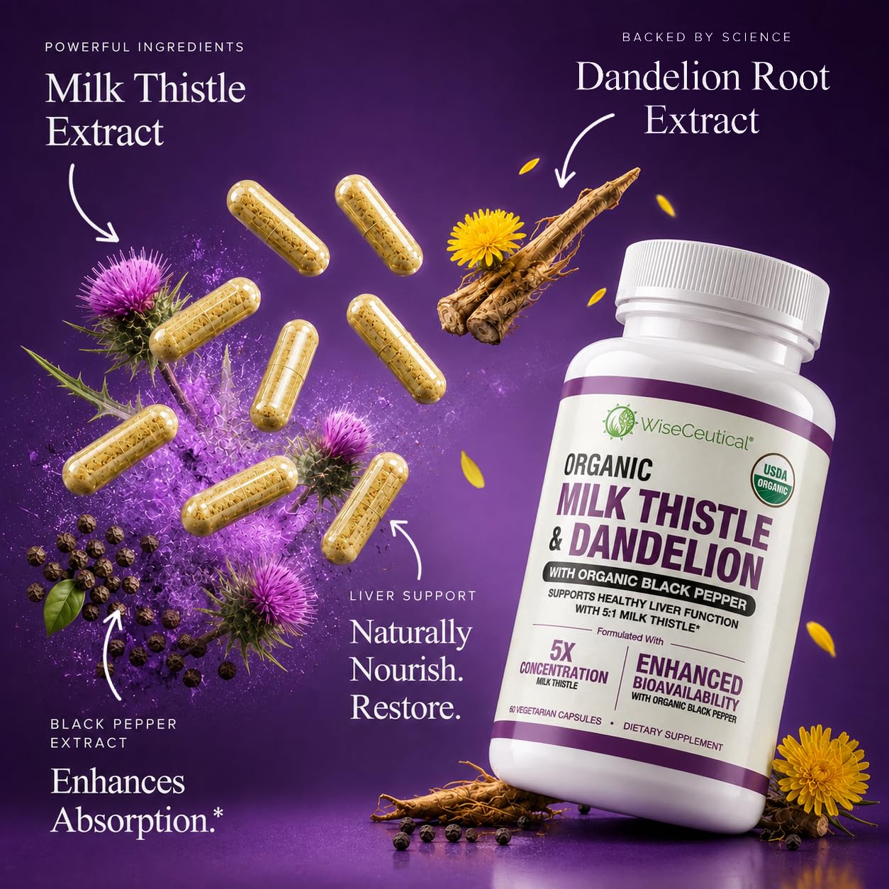 Max Absorption USDA Organic Milk Thistle Potent 5:1 Concentrated Extract (2000mg Strength) & Organic Dandelion Root | Silymarin Antioxidant Flavonoid | Liver Support Supplement (60 Count (Pack of 1)) — Amazon image 3