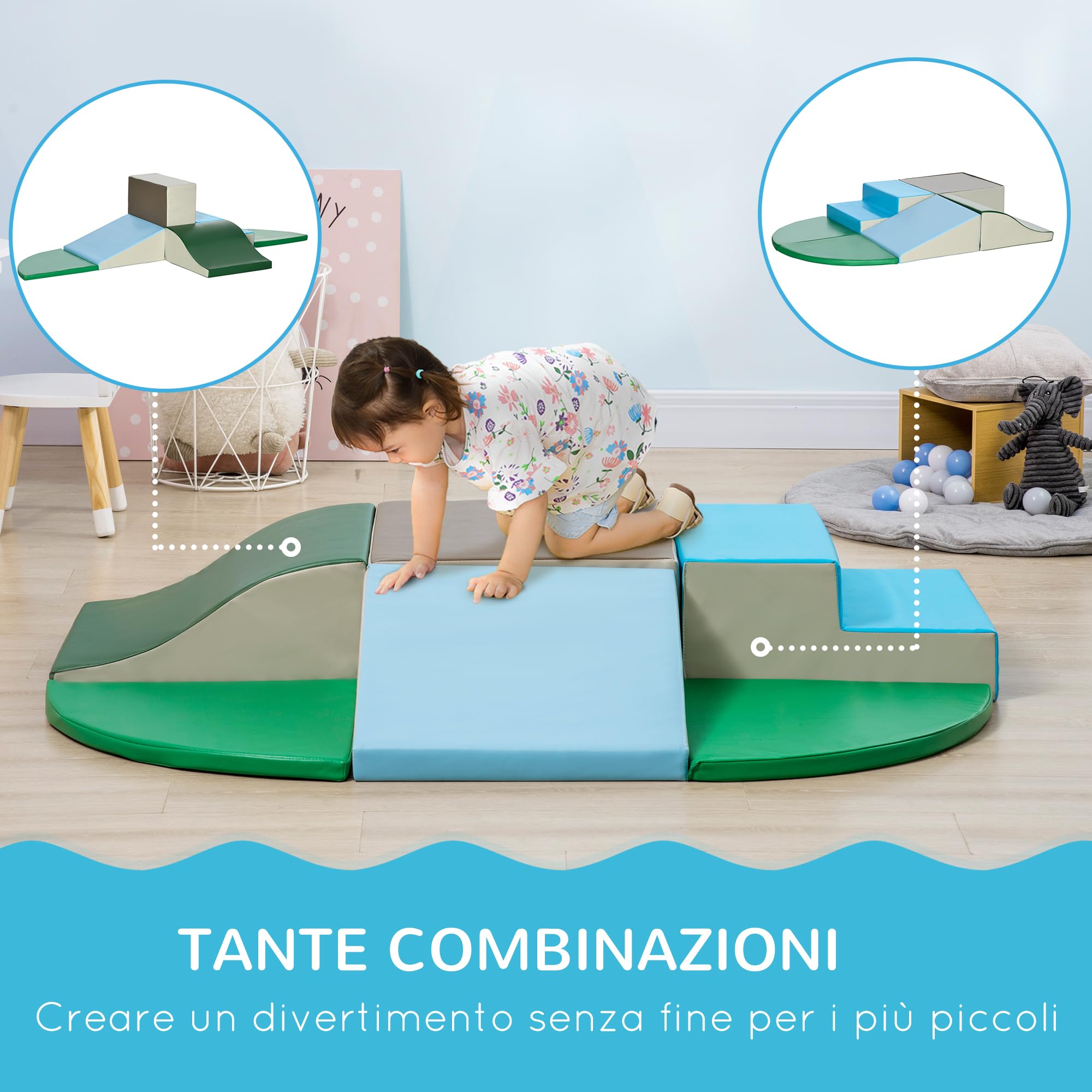 HOMCOM Set da Gioco per Bambini 1-3 Anni 6 Costruzioni Blocchi Morbidi PU EPE Verde Beige Grigio Blu