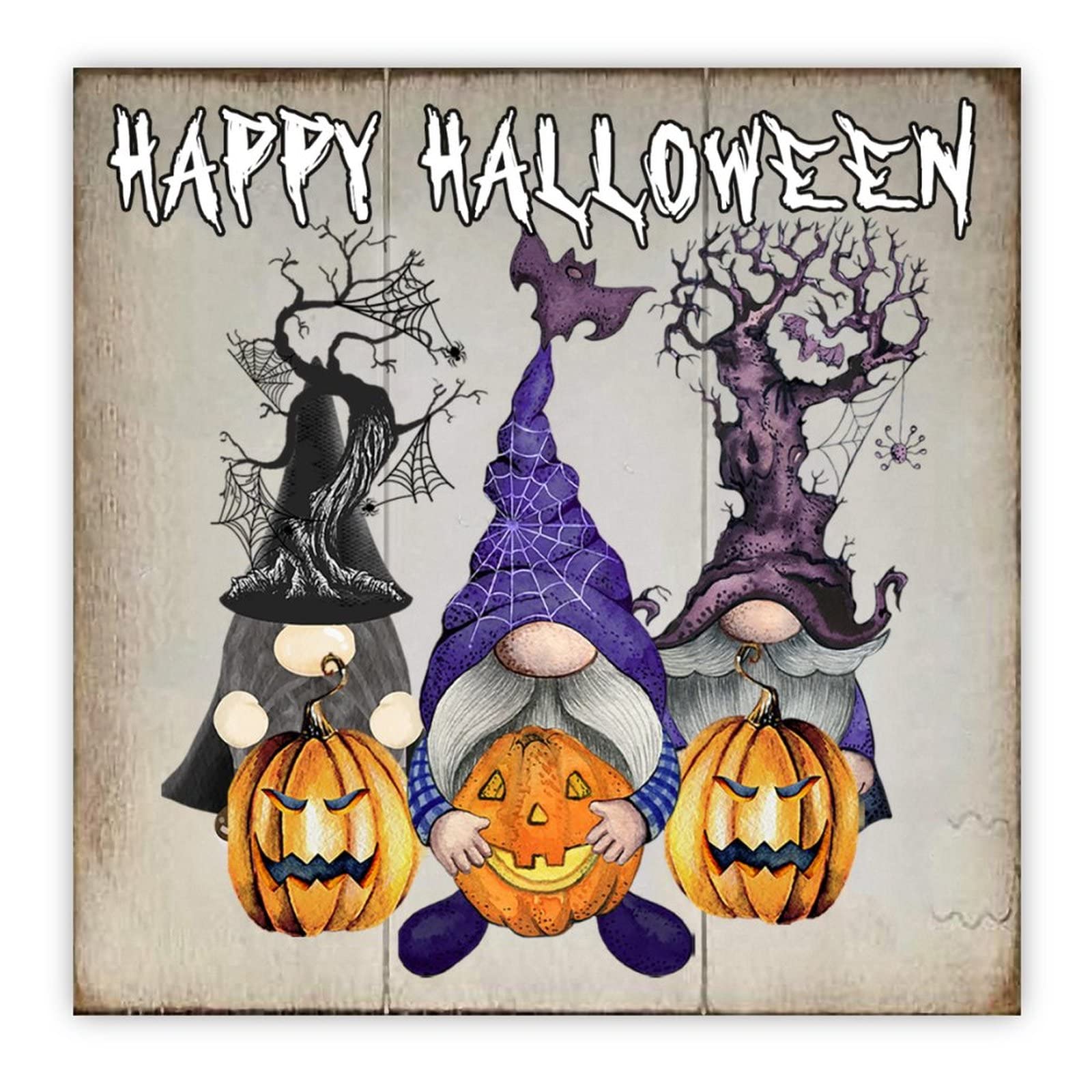 Plaque en bois Happy Halloween nain citrouille 30cm pour deco murale