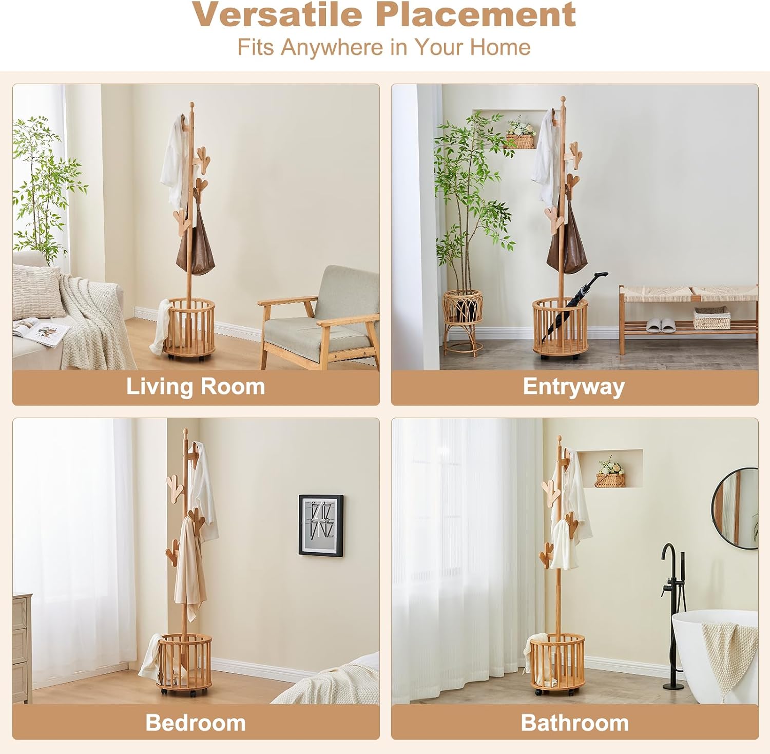 Wood Coat Rack with Umbrella Holder - Wooden Rolling Coat Hat Rack with Wheels & 12 Hooks, Heavy Duty Freestanding Standing Rack for Bedroom, Entryway, Living Room (Natural)