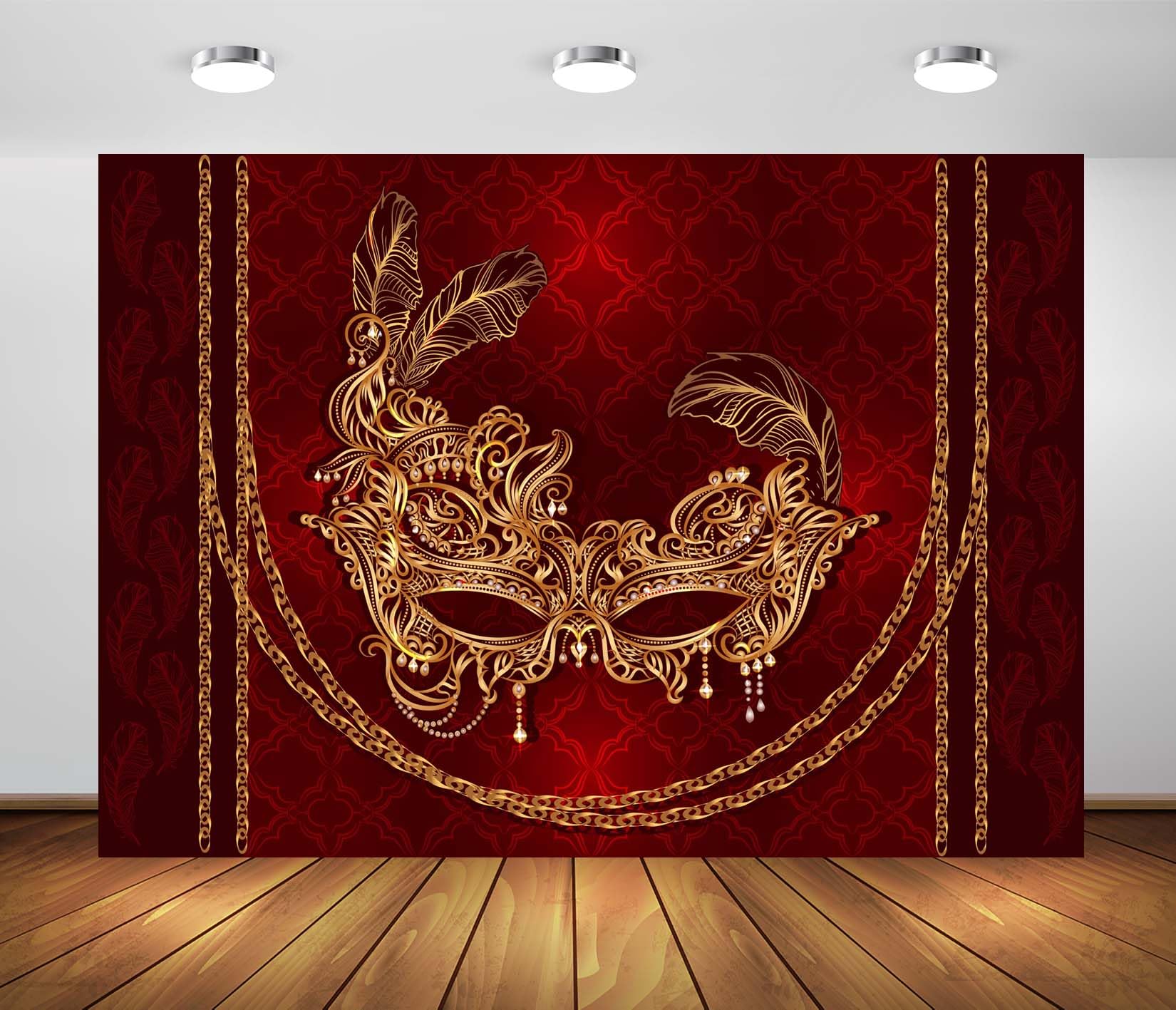 BELECO 10x8ft Fabric Mardi Gras Theme Photography Backdrop Luxury Gold Venetian Carnival Mask with Golden Chains on a Red Velvet Background Masquerade