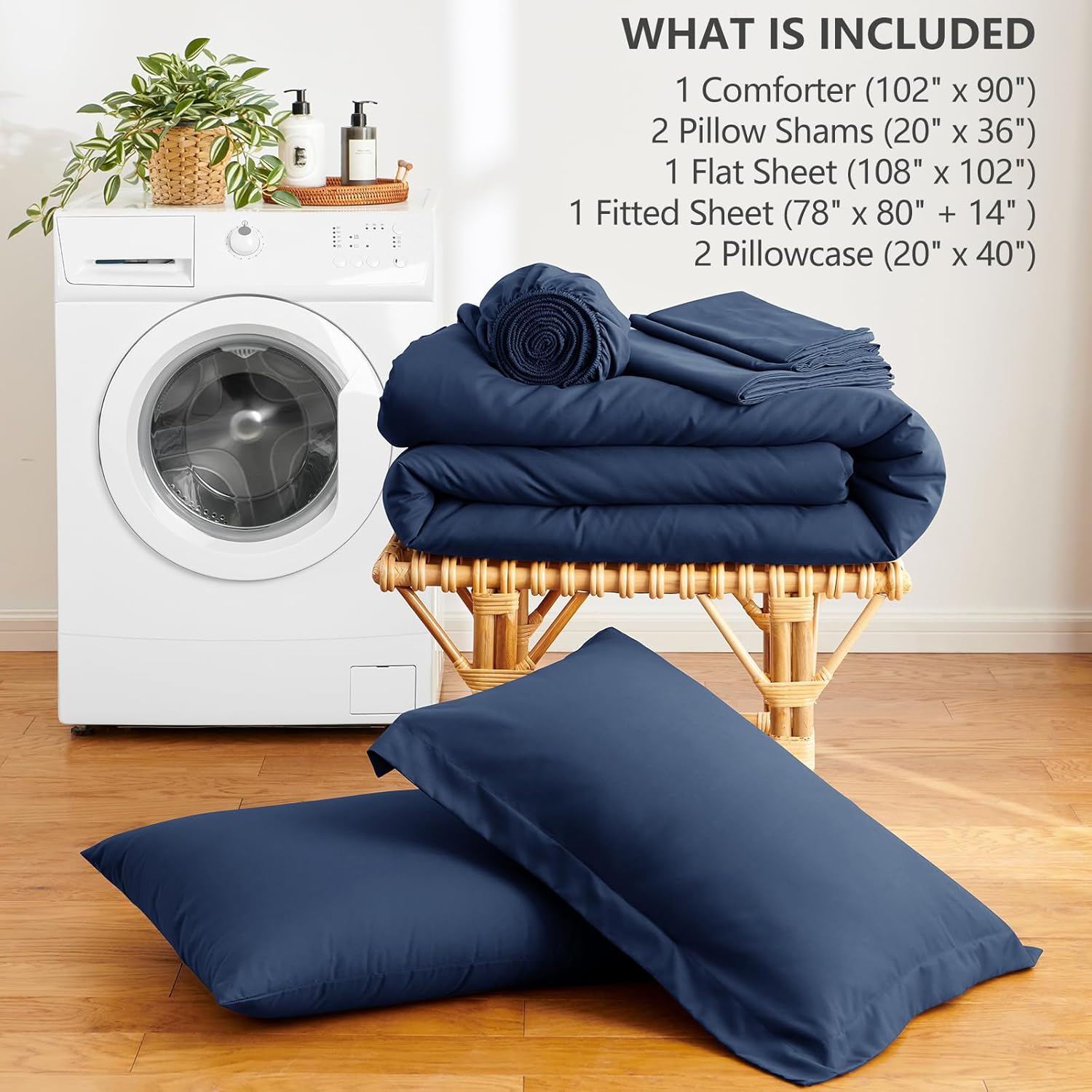 King Size Comforter Set Navy - 7 Pieces Bed in a Bag Lightweight Bedding Set, All Season Soft 7PC Bed Set with Comforter, Flat Sheet, Fitted Sheet, Pillowcases & Pillow Shams - Image 6