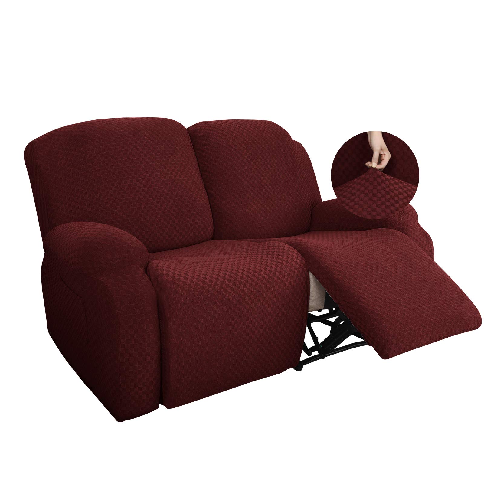 YEMYHOM 6 Pieces Stretch Loveseat Recliner Slipcover Jacquard Recliner Sofa Cover with Side Pocket Fitted Recliner Cover Couch Furniture Protector with Elastic Bottom (Loveseat Recliner, Wine Red)