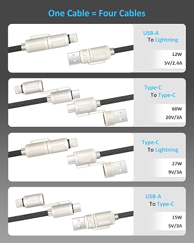 RAVIAD Multi Charger Cable, 4 in 1 3A USB Fast Charging Cord 60W PD Multi - 3