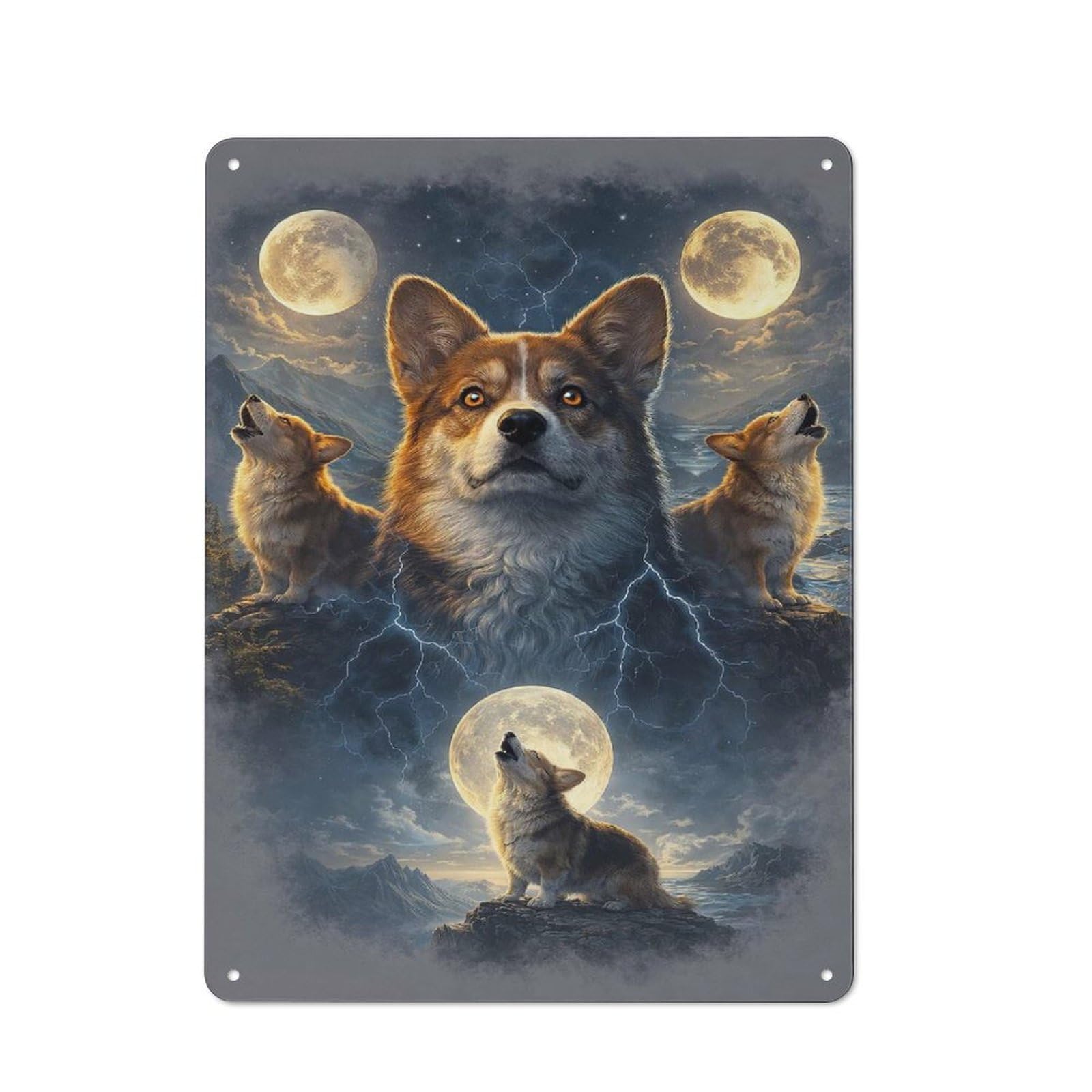 Junmoney Style-10 Loft Style Corgis Howling At The Moon Decorative Metal Plaque 40X30cm, Studio Wall Art For Workspace, Cafe, Hallway Or Garage