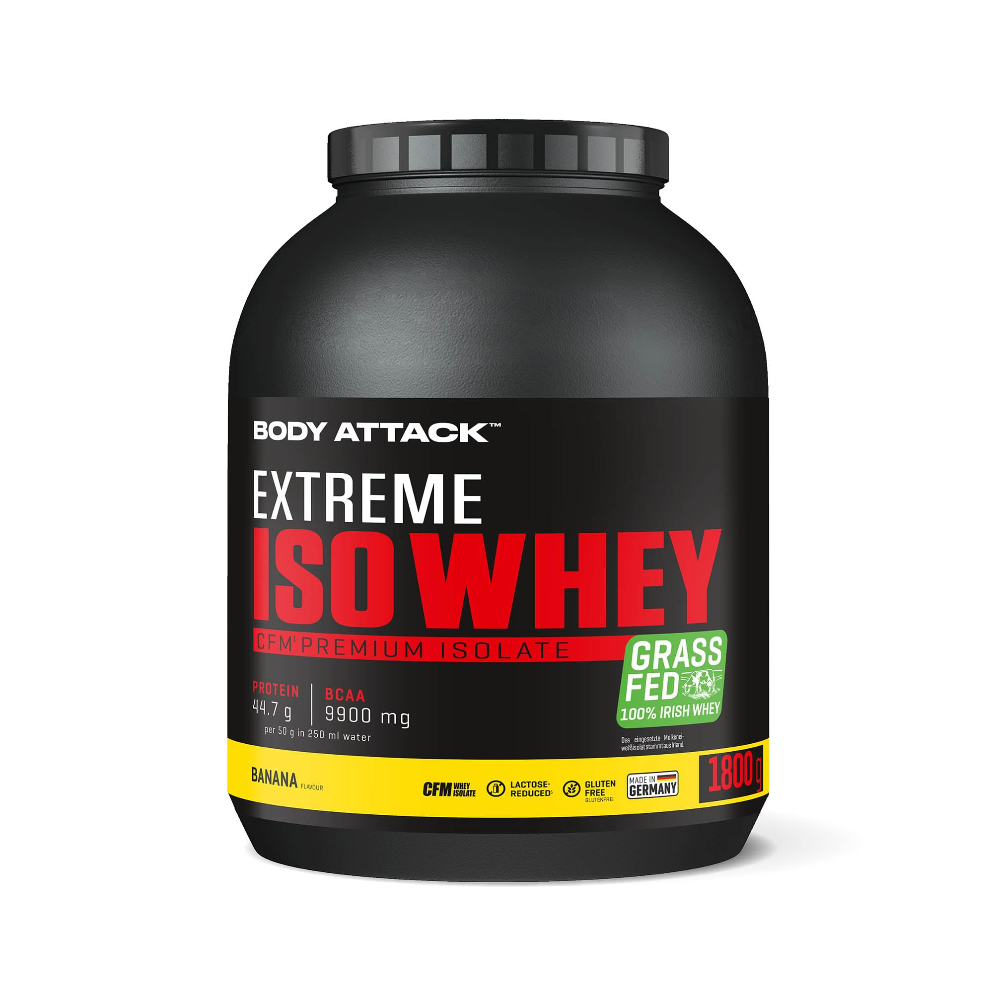 Body Attack Extreme Iso Whey, Banana, 1,8 kg, CFM Whey Protein Isolato in 100% latte di salice irlandese, senza glutine, ricco di EAA, perfettamente solubile, a basso contenuto di grassi, senza