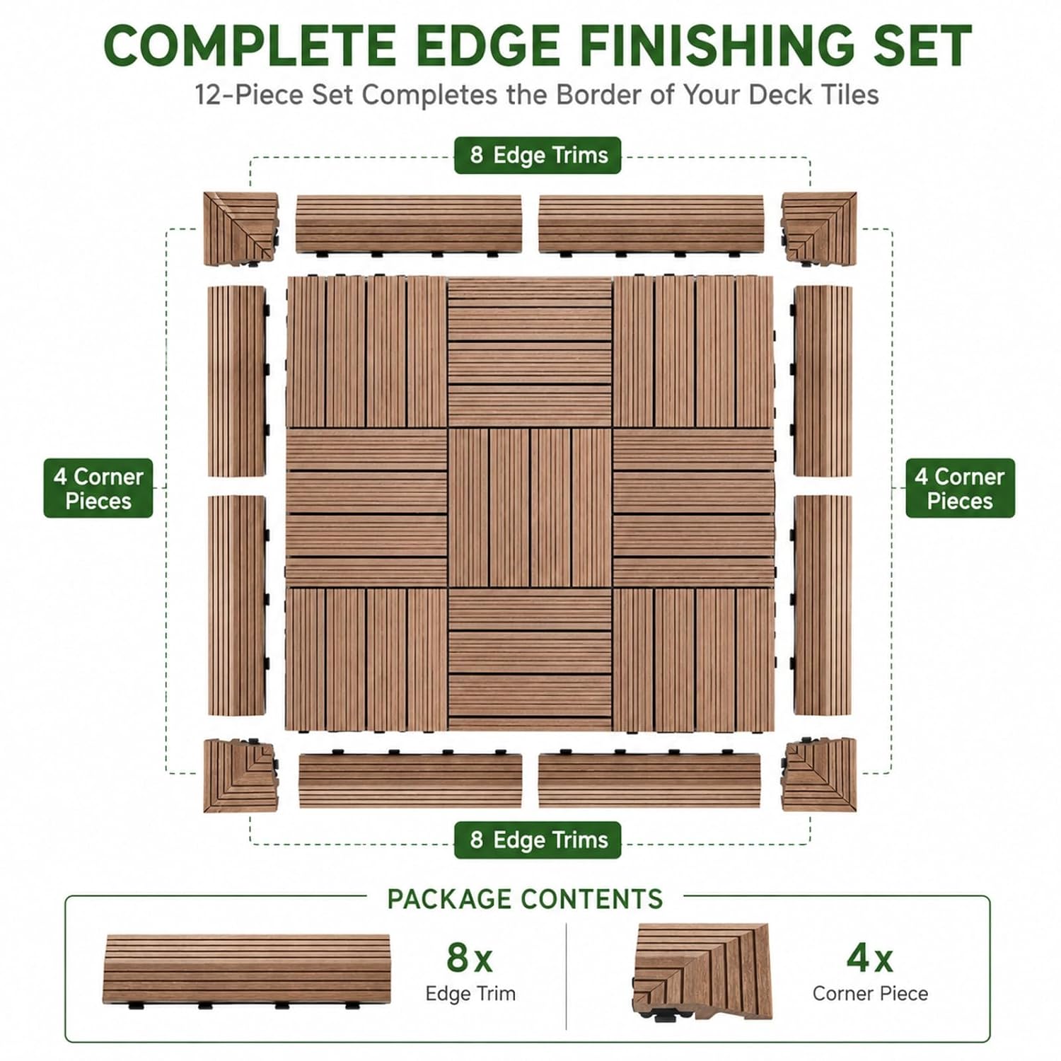 Ripeng Teak 12 Pack Wood Deck Tile Edge Trim Set 8 Pcs Straight Edge 4 Pcs Corner Edges Compatible 12 Inch Interlocking Deck Tiles Teak Patio Trim Easy Install for Flooring Porch Tiles Not Included