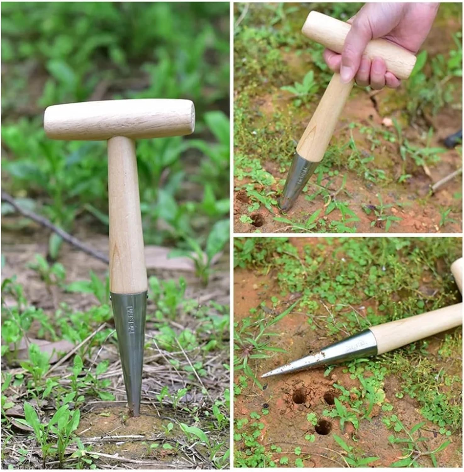 Bulb Planter Tool Stainless Steel Seeder Excavator Horticultural Wood Handle Hole Drilling Seedling Transplanting Flower Planting Planter(1Set)