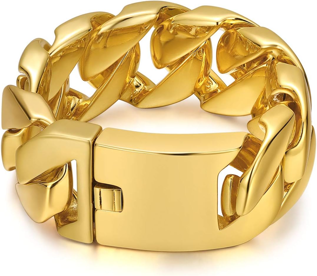 ROWIN&CO Jewelry Huge 32mm Mens Chunky Bracelet Heavy Sturdy 18K Yellow Gold PVD Plating Stainless Steel Cuban Chain with Box Clasp, 9.5 Inch/10.5 oz - Image 5
