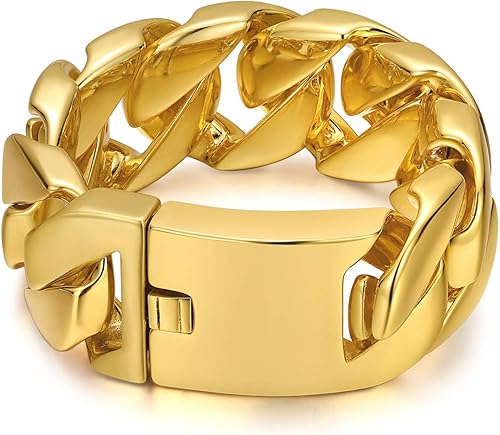 Miniatura 5 de ROWIN&CO Jewelry - Enorme pulsera gruesa de 1.260 in para hombre, resistente, chapado en oro amarillo de 18 quilates, cadena cubana de acero