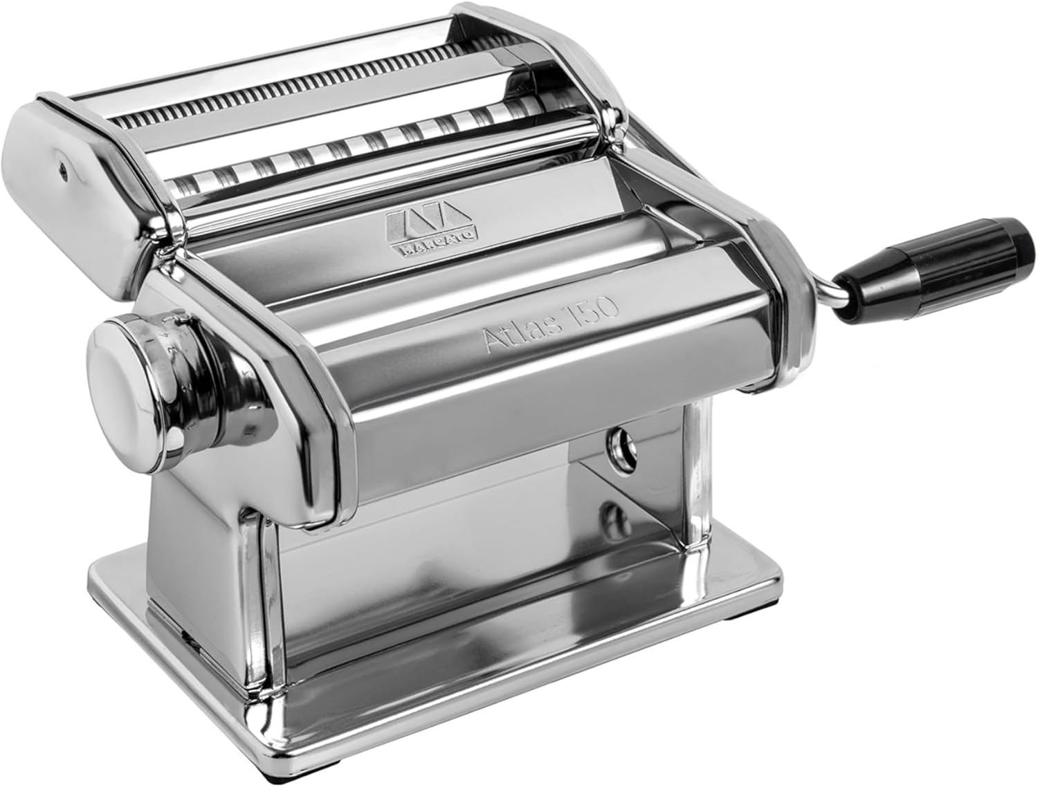 MARCATO Made in Italy Atlasmotor 110V Electric Pasta Machine, Chrome Steel. Set includes Atlas 150, handcrank, clamp, Pastadrive motor, and instruction manual