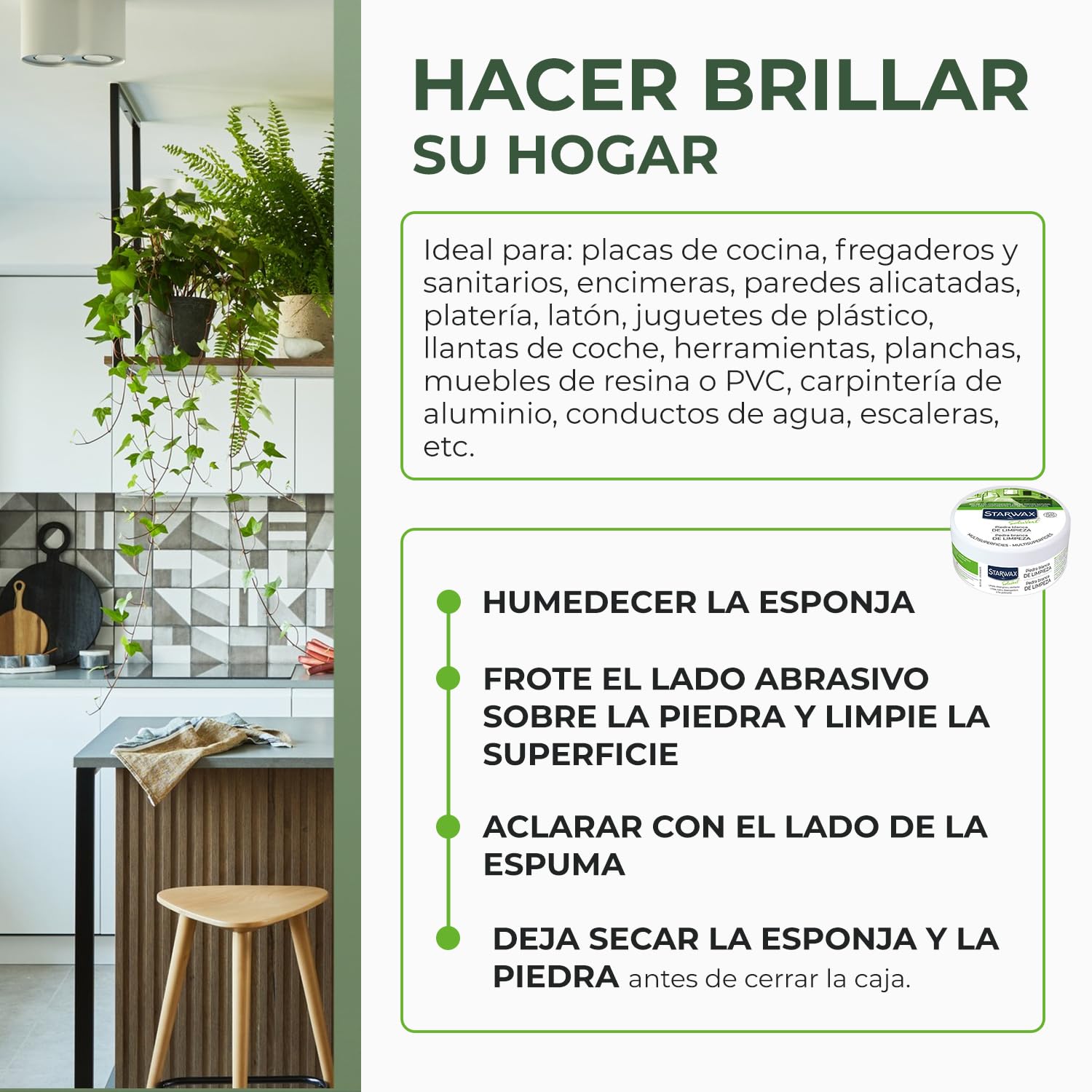 Starwax Piedra blanca de limpieza multiusos - 100 % de origen natural - Limpia, desengrasa y abrillanta