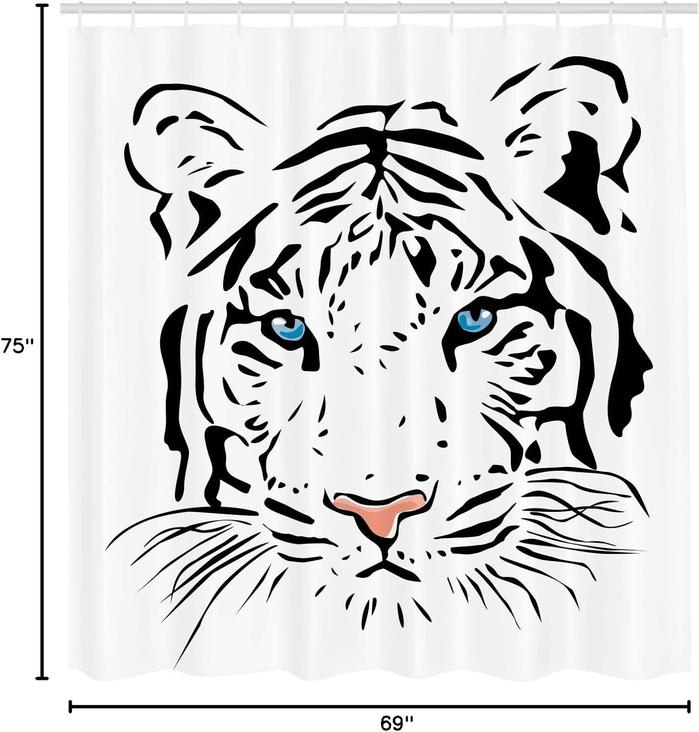 Ambesonne Tattoo Shower Curtain, Head of Magnificent Rare White Albino Tiger with Ocean Blue Eyes Image, Cloth Fabric Bathroom Decor Set with Hooks, 69" W x 75" L, White Black and Blue