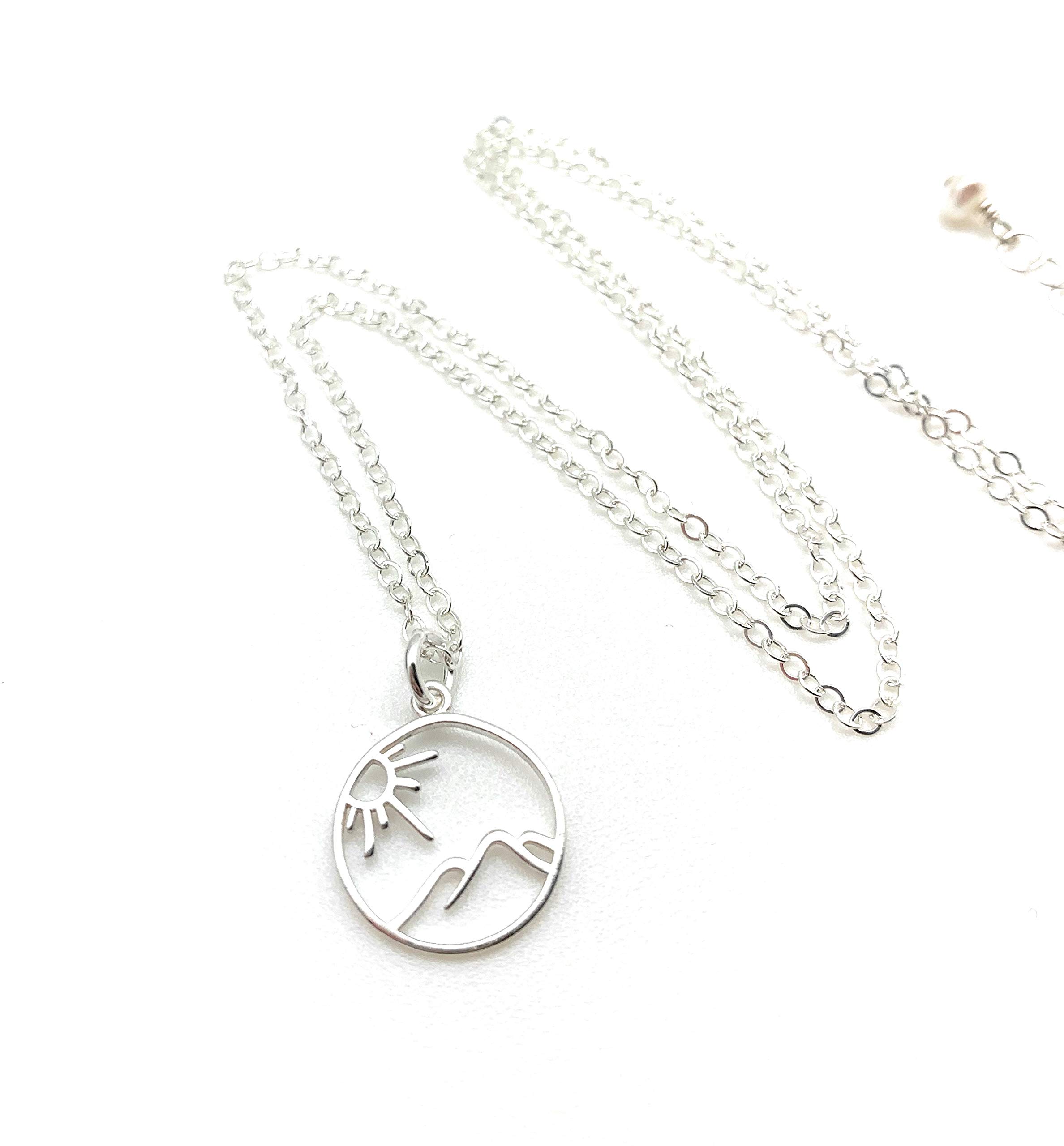 Handmade Sunny Mountain Necklace for Women - Small Mountain Pendant with Adjustable 17" -18" Length Sterling Silver Necklace - Perfect Sun Charm Mountain Gifts for Her