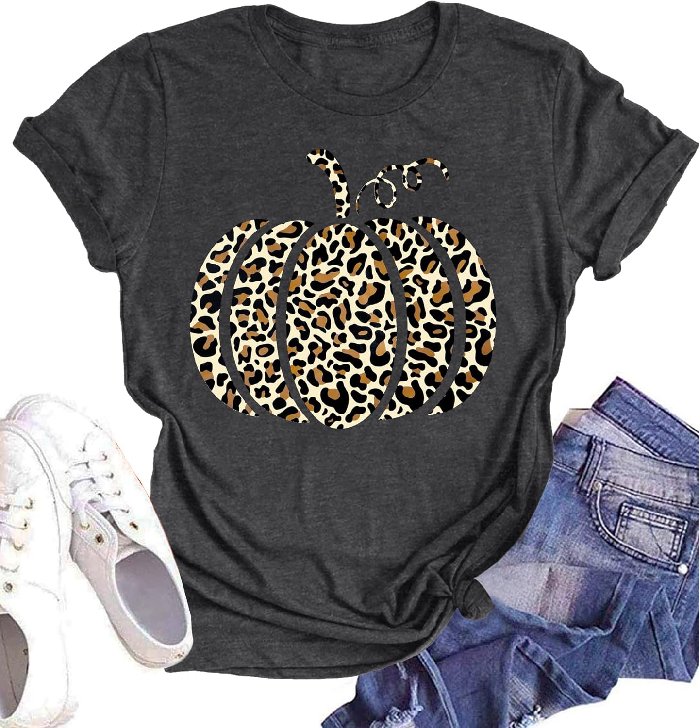 Halloween Pumpkin Shirt Women Leopard Graphic Tees Short Sleeve Fall T-Shirt Thanksgiving Gift Tops