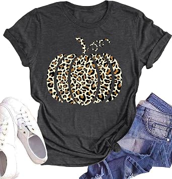 Halloween Pumpkin Shirt Women Leopard Graphic Tees Casual Fall Tops
