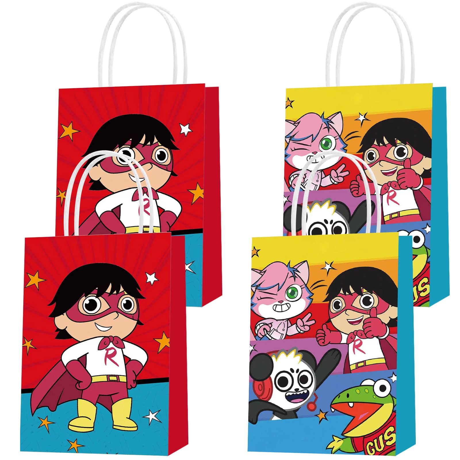 16 Pcs Ryan World Party Paper Gift Bags, 2 Styles Party Favor Bags with Handles for Ryan World Party Decorations, Goody Bags Candy Gift Bags for Birthday Party Supplies Favors