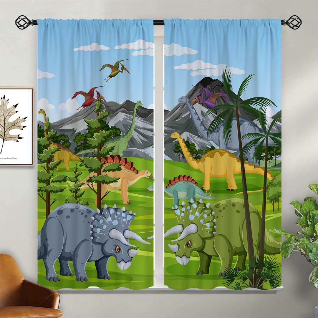 Dinosaur Blackout Curtains for Girls Boy Home Decor, Colorful Cartoon Funny Animal Wildlife Rod Pocket Thermal Insulated Drapes Darkening Window Curtain for Bedroom Living Room, 55 x 63 Inch