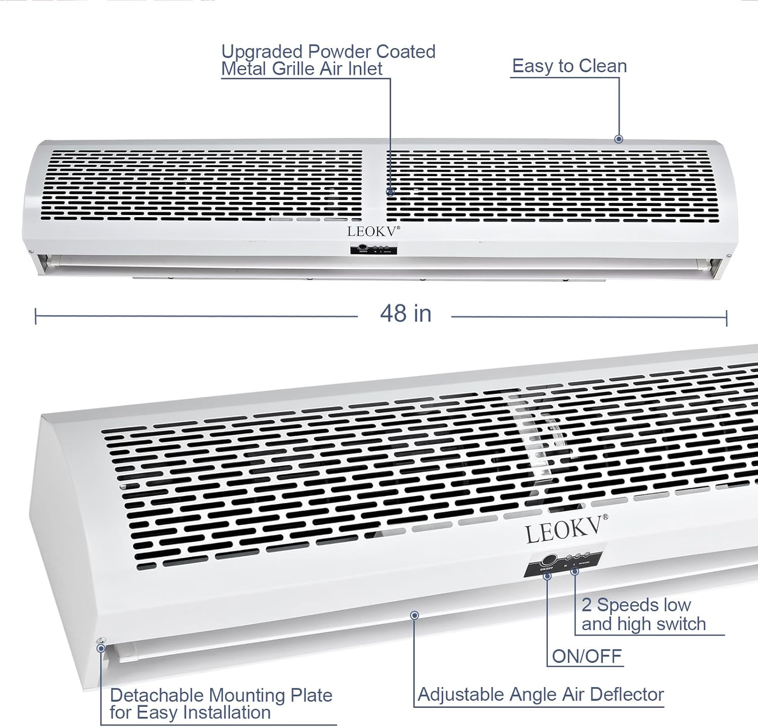 Air Curtain White 48 Inch 2 Speeds Remote Control Air Curtain Super Power,Door Blower to Keep Flies Out,Magnetic Door Switch Air Curtains for Doors Commercial,Household Unheated,All-copper wire motors