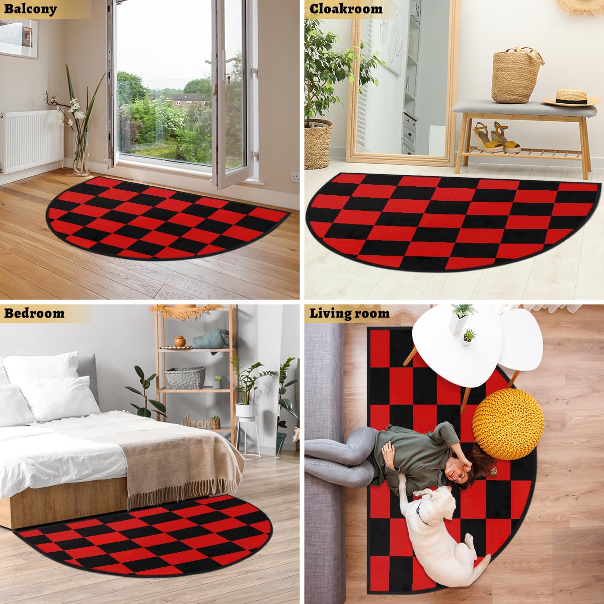 Mexpekil Paillasson demi-lune à carreaux noirs et rouges pour intérieur et extérieur - Demi cercle - Absorbant la saleté - 100 x 160 cm