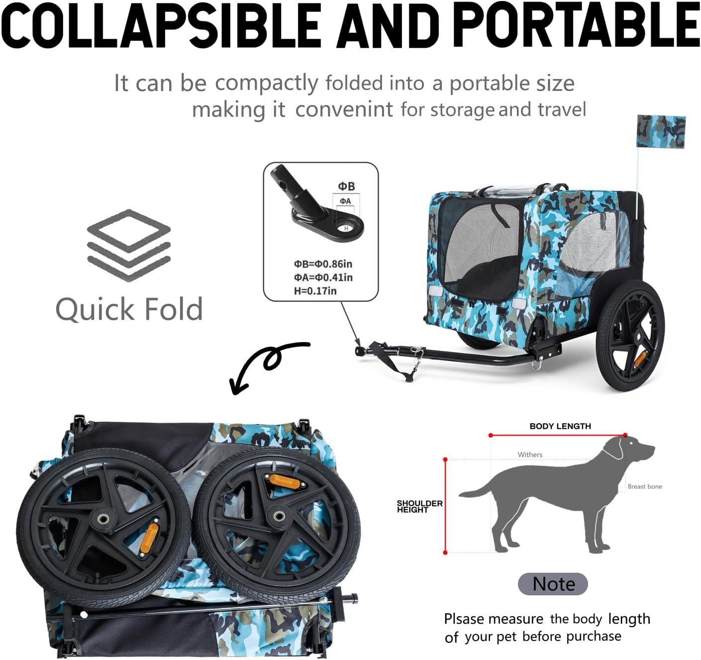 Outdoor Heavy Duty Pet Bike Trailer with 16-Inch All-Terrain Wheels & Universal Hitch Foldable Dog/Cargo Carrier Cart for Bicycles, Blue Black Steel Secure Safety Design -