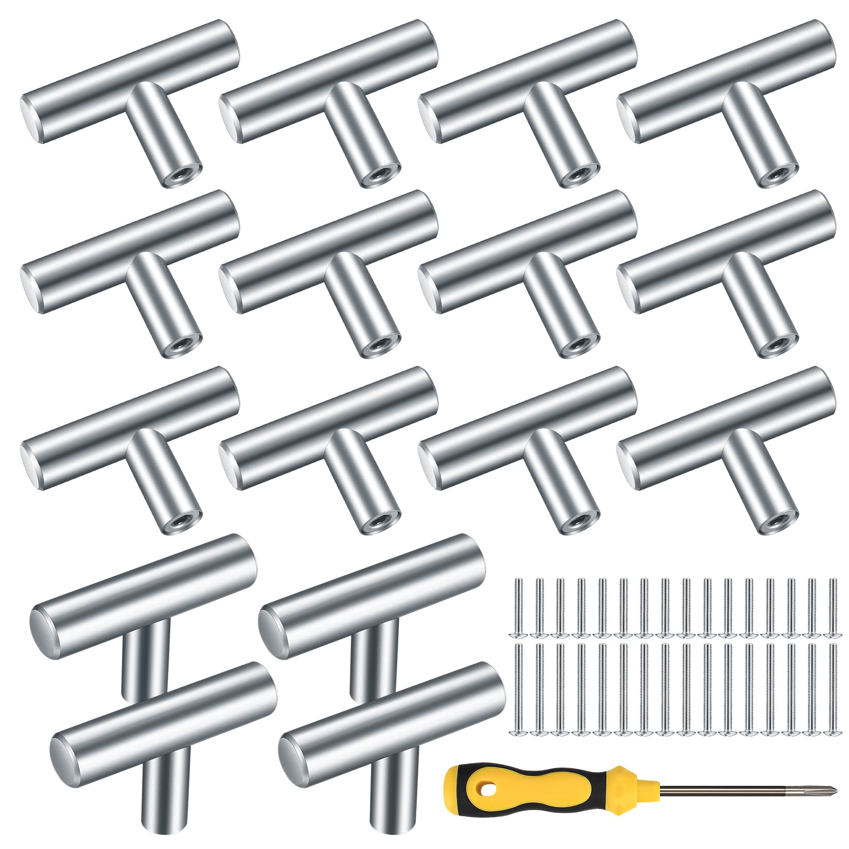 16PCS Cabinet T Bar Handle Chrome Kitchen Drawer Knobs Handles Silver Cupboard Knobs, Stainless Steel Kitchen Knobs Metal Drawer Pulls(Screws and Screwdriver Included)
