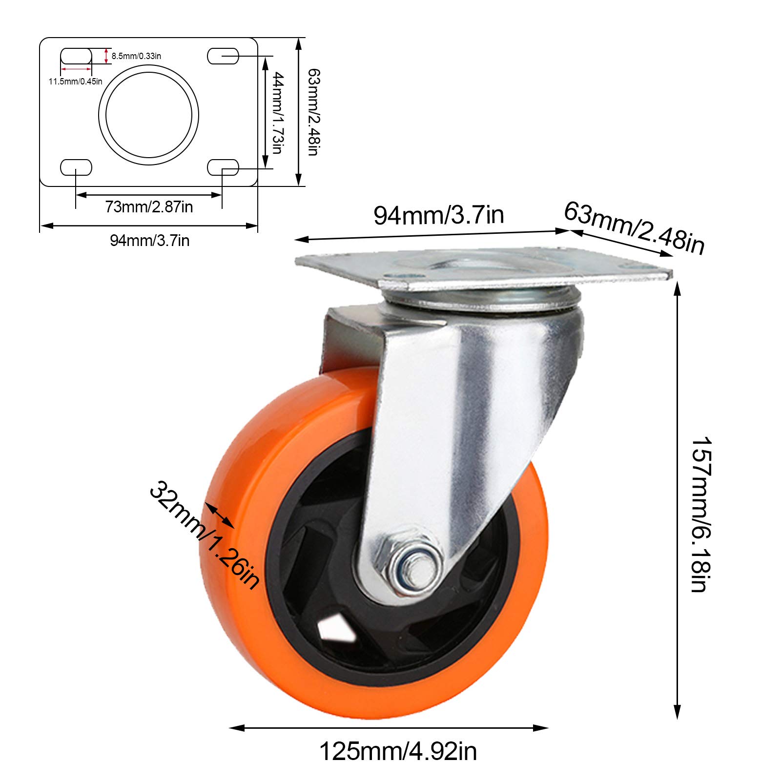 Jolan Rotelle Girevoli con Cuscinetti A Sfera,4 PCS,Rotelle per Mobili,Rotelle per Trasporto con Freno,Rotelle in PVC Arancione,Portata 300KG.,4 No Brakes,125mm