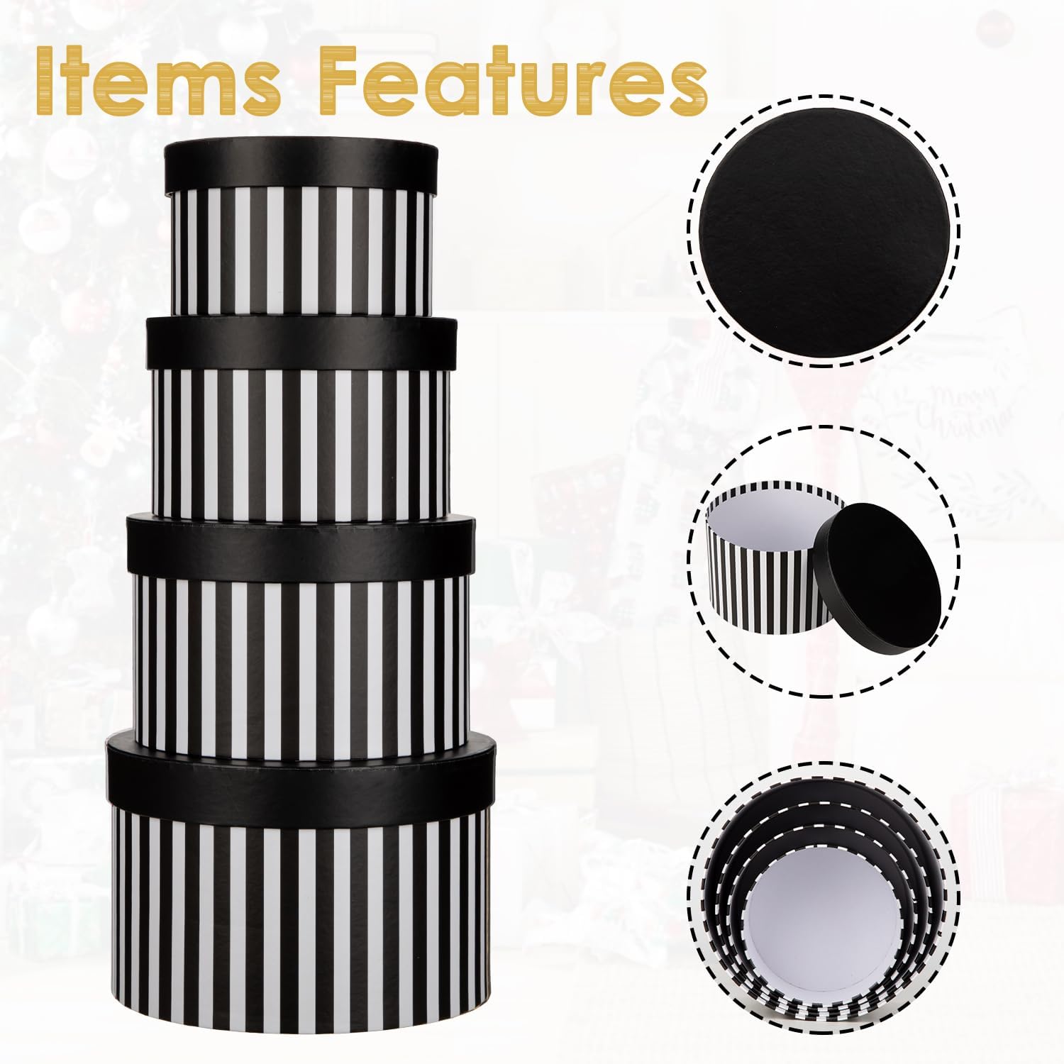 Oairse Gift Boxes with Lids for Presents Black and White Striped Round Box for Flower Arrangements Set of 4 Nesting Gift Boxes Bulk for Bridesmaid, Proposal, Wedding, Birthday, Party Favor Graduation