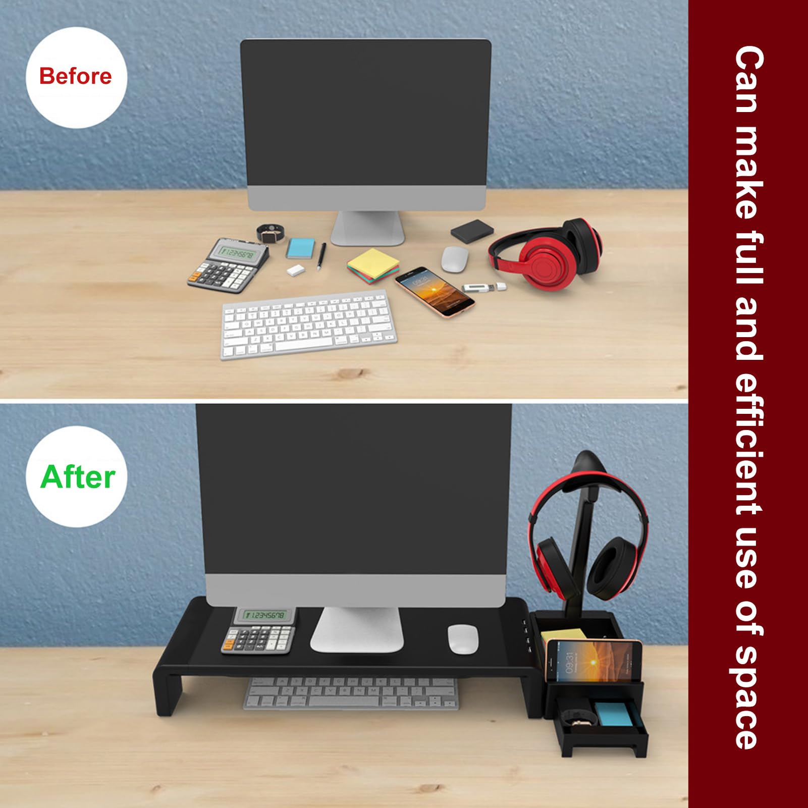 Supporto Ergonomico per Monitor di Computer con Gancio per Cuffie e Scatola di Immagazzinaggio per L'organizzazione della Scrivania 7,9x3,1x25,6 Pollici