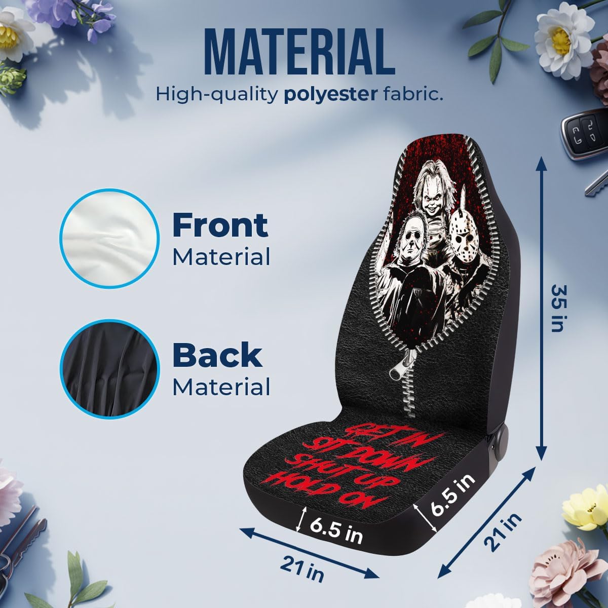 GENANY Horror Movie Car Seat Covers Set of 2, Scary Breathable Front Seat Covers for Truck Sedan SUV, Halloween Car Accessories, Horror Gift for Women Men