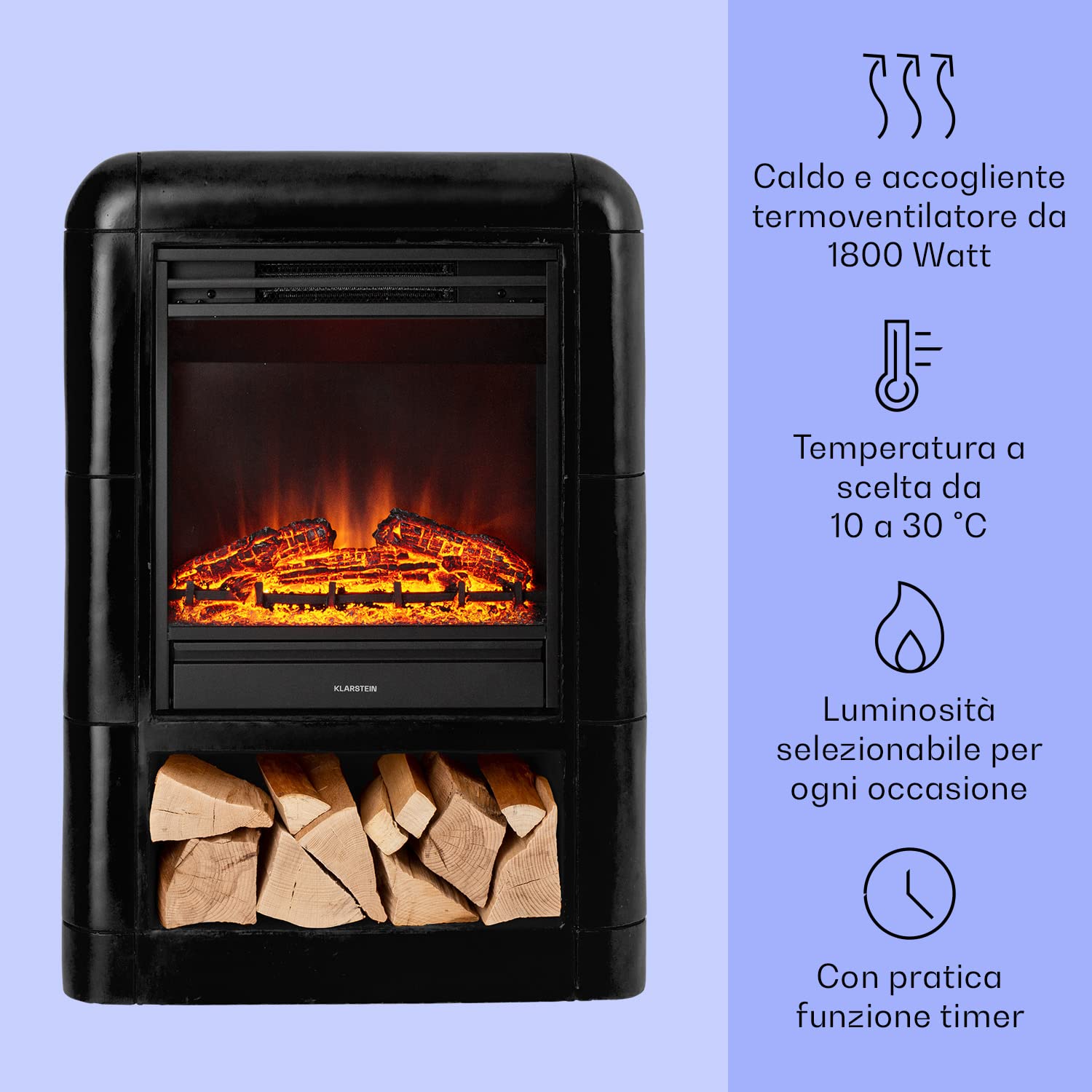 Klarstein Camino Elettrico, Camino da Terra con Mensola, Riscaldamento Elettrico con Fiamma LED, Caminetto Elettrico 1800W, Camino Finto con Telecomando, Timer, Controllo Temperatura, Termocamino