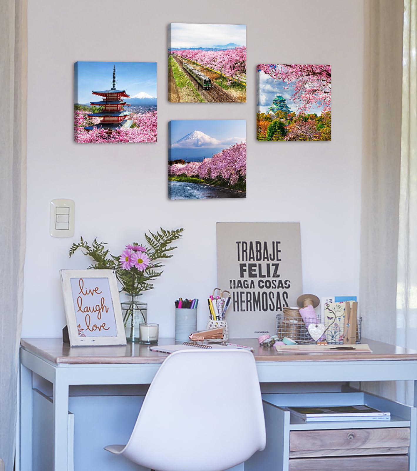 Japanese Canvas Wall Art - Blooming Cherry Trees & Mount Fuji Landscape Painting, 24x36 Inches, Framed Ready To Hang - View #3