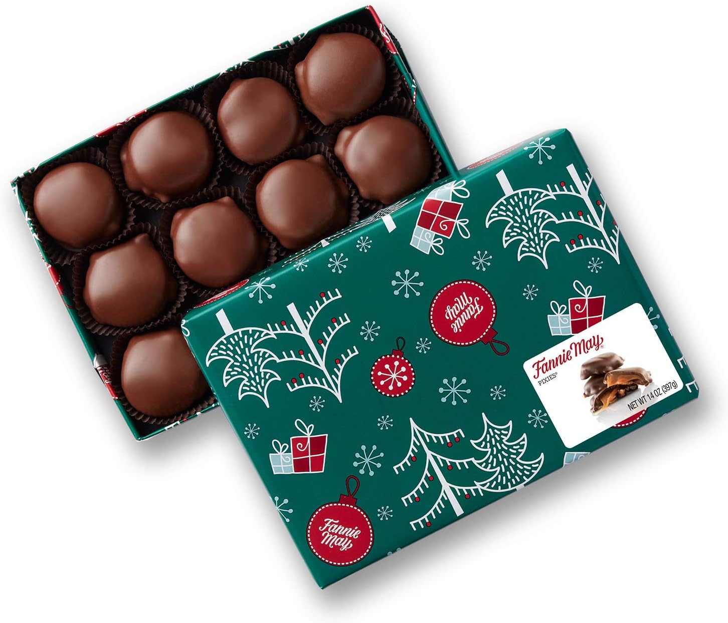 Fannie MayHoliday Wrap Pixies, Milk Chocolate Covered Caramel with Pecans, Christmas Candy Gift Box, 1 lb