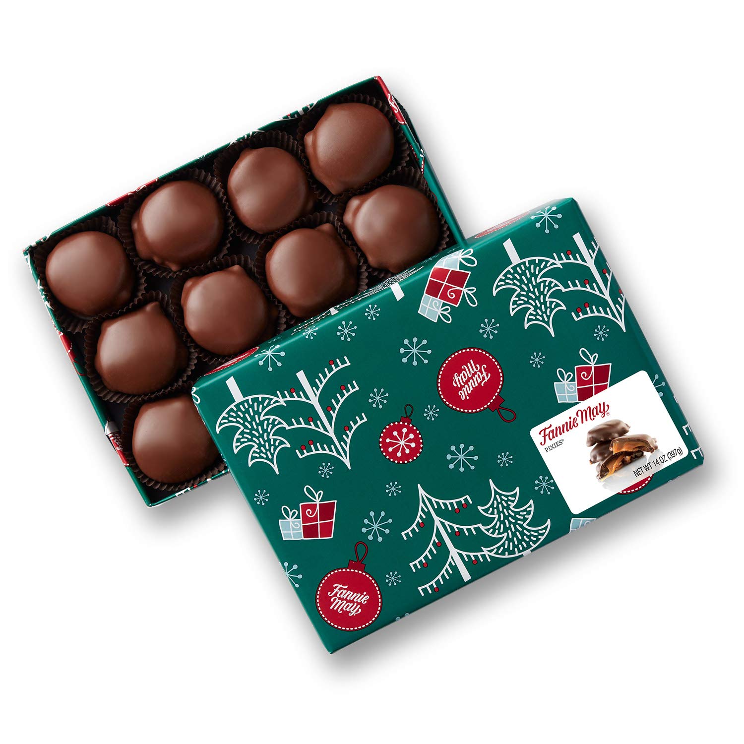 Fannie May Holiday Wrap Pixies, Milk Chocolate Covered Caramel with Pecans, Christmas Candy Gift Box, 1 lb