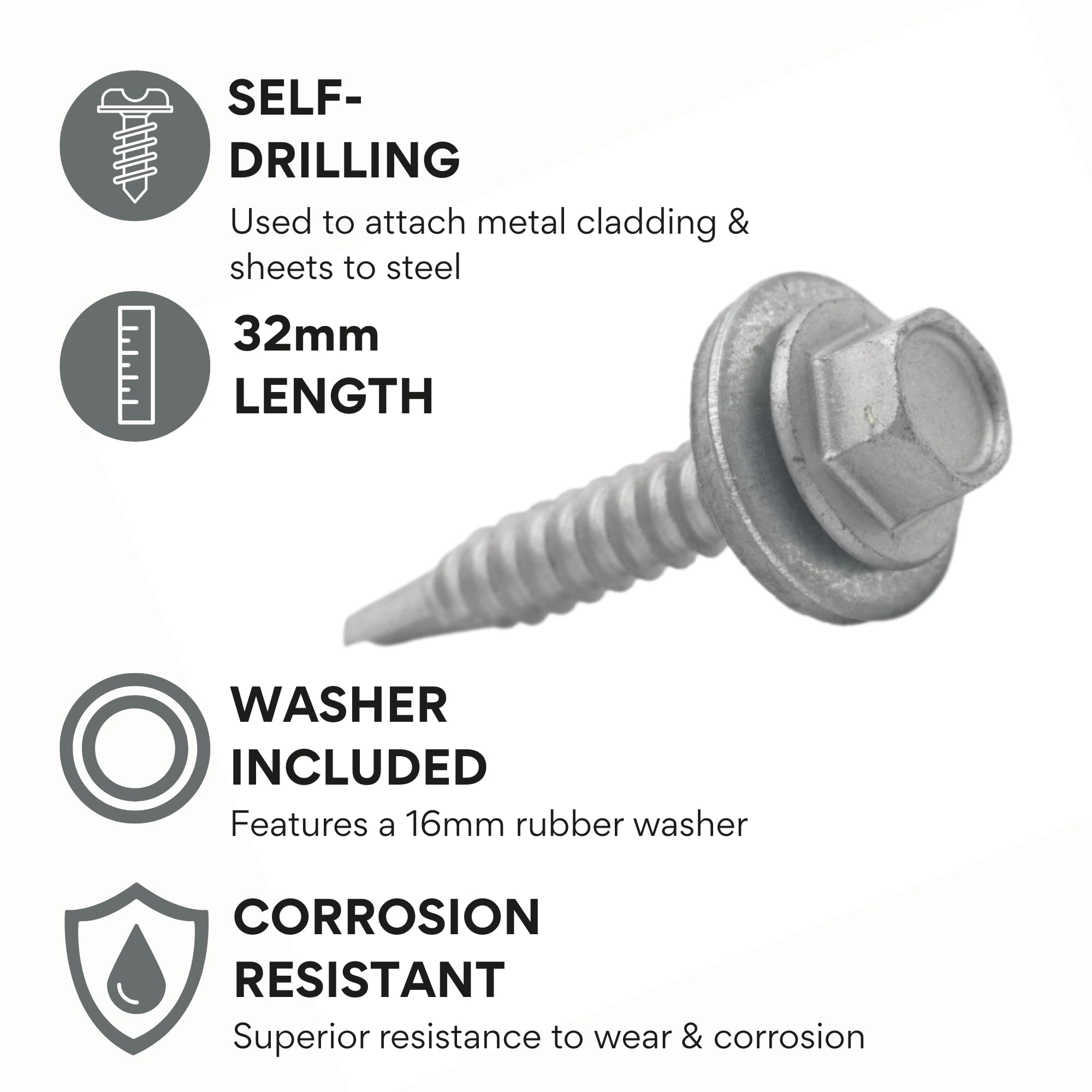 The Flashings Factory Light Section Screws (32mm) - Self Drilling Screws with 16mm Rubber Washers Included - Image 2