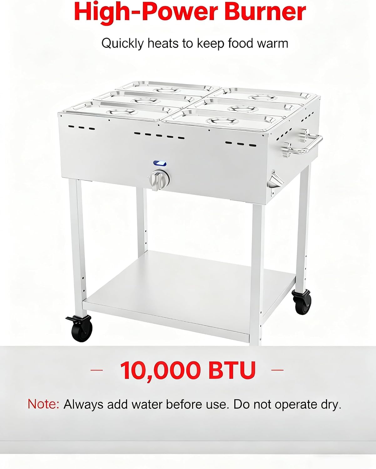 6-Pan Commercial Propane Food Warmer, Steam Table with Drain Valve & 3" Wheels, Stainless Steel LP Gas Outdoor Soup Warmer with Adjustable Temperature for Restaurant Outdoor Camping