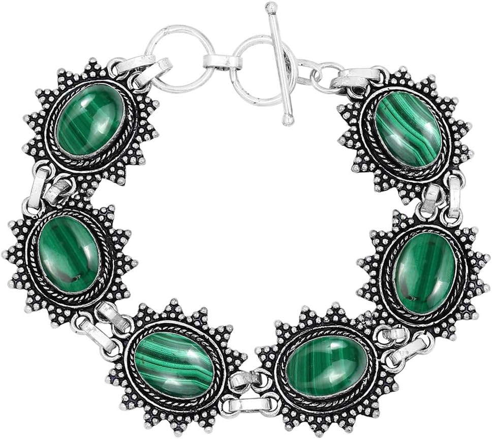 Natural Oval Gemstones 925 Silver Plated Statement Handmade Link Bracelets for Women - Birthstone Bohemina Vintage Style Adjustable Bracelet - Wedding Christmas Valentine Day Gifts for Her