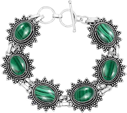 Natural Oval Gemstones 925 Silver Plated Statement Handmade Link Bracelets for Women - Birthstone Bohemina Vintage Style Adjustable Bracelet - Wedding Christmas Valentine Day Gifts for Her