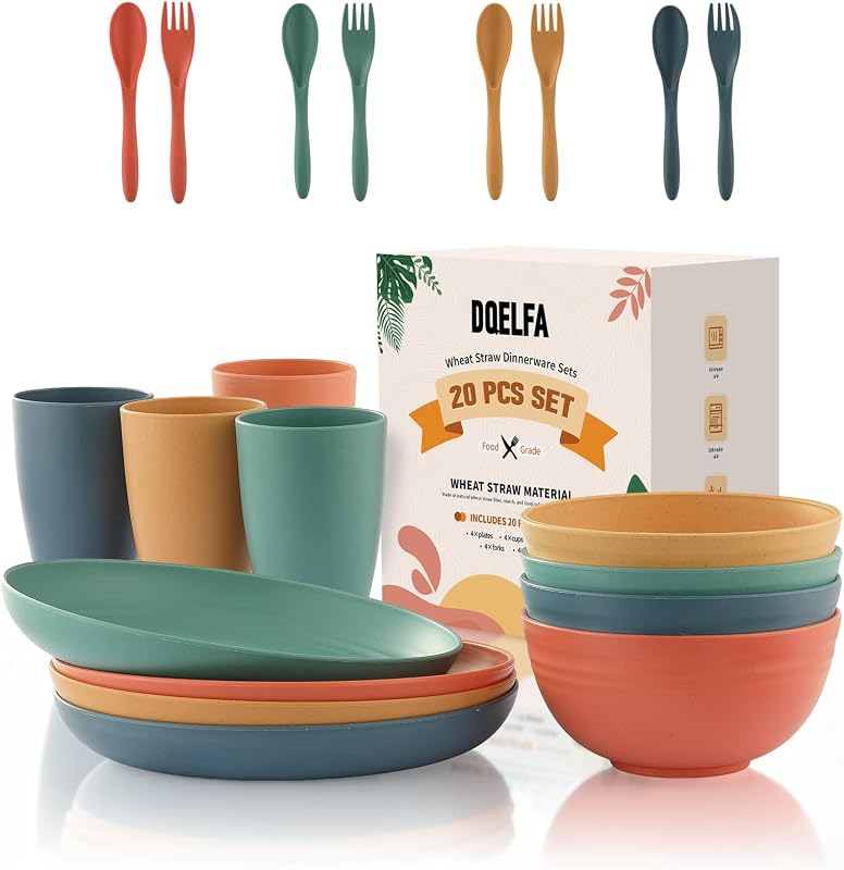 Juego de vajilla de paja de trigo de 20 piezas, DQELFA, juegos de platos y tazones reutilizables para niños pequeños, juego de platos para niños livianos e irrompibles, apto para microondas y lavavajillas