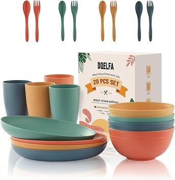 20PCS Wheat Straw Dinnerware Sets, DQELFA Reusable Kids Toddler Plates and Bowls Sets, Unbreakable Lightweight Kids Dish Set, Microwave and Dishwasher Safe