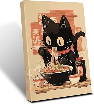 Japanese Noodle Black Cat Canvas Wall Art, Vintage Japanese Cat Canvas Wall Art,Quirky Black Cat Eating Ramen Poster, Retro Cute Tokyo For Kitchen Posters Prints for Kids Teens Room Boys Girls Bedroom Decoration 12x16in