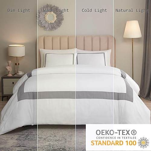 Miniatura 5 de OSVINO Juego de funda de edredón de hotel, tamaño King, 3 piezas, microfibra con patrón de líneas grises, colección de ropa de cama, ultra suave,