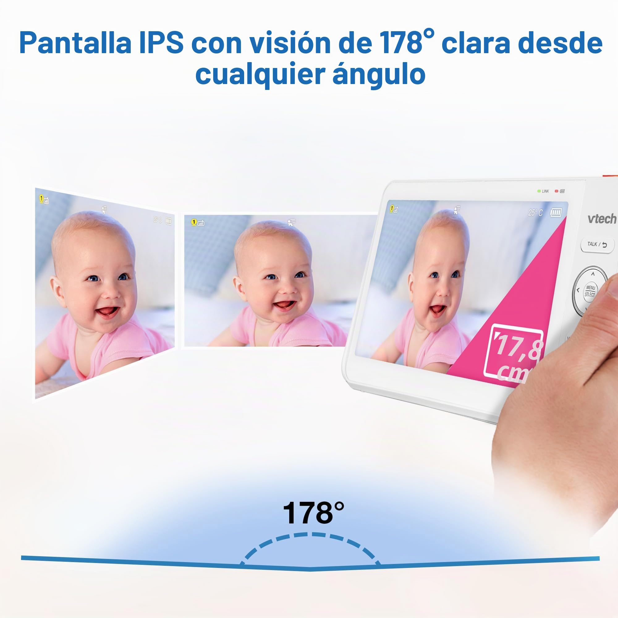 VTech VM7467 Monitor de bebé con Pantalla LCD de 7 Pulgadas, Zoom de inclinación panorámica Remoto, visión Gran Angular de 178°, Sonidos relajantes y Canciones de Cuna, luz Nocturna Multicolor,