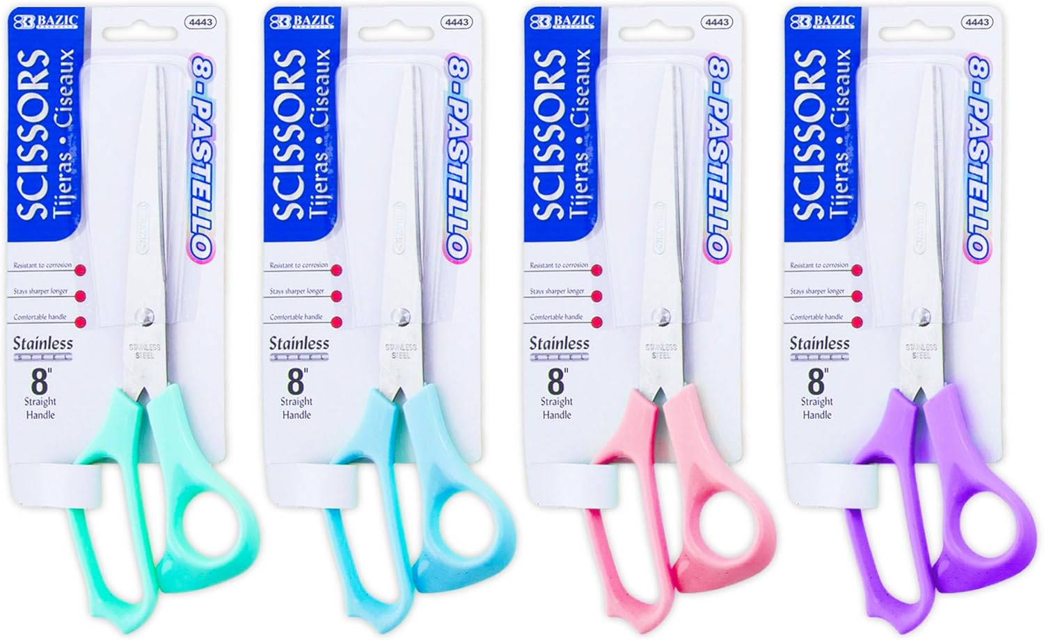 BAZIC Products 8" Pastel Stainless Steel Scissors, Straight Handle Sharp Blades, for Cutting Paper Fabric Photos Sewing Kitchen Office, 24-Pack