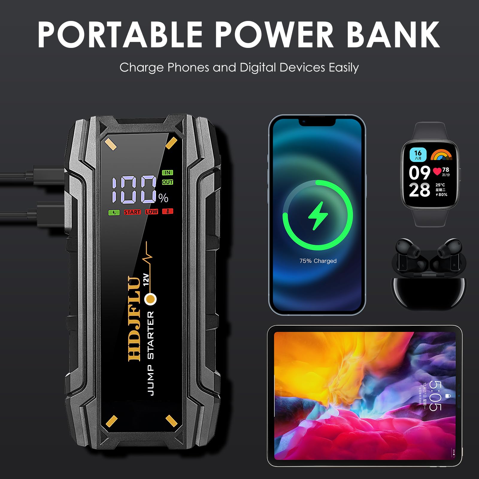 3000A avviatori portatili per automobili e avviatori a batteria per motori diesel a benzina 7L e a 5.5L 10 dispositivi di sicurezza 12V fusti con lampade a LED USB per autocarri, SUV, rv, imbarcazioni